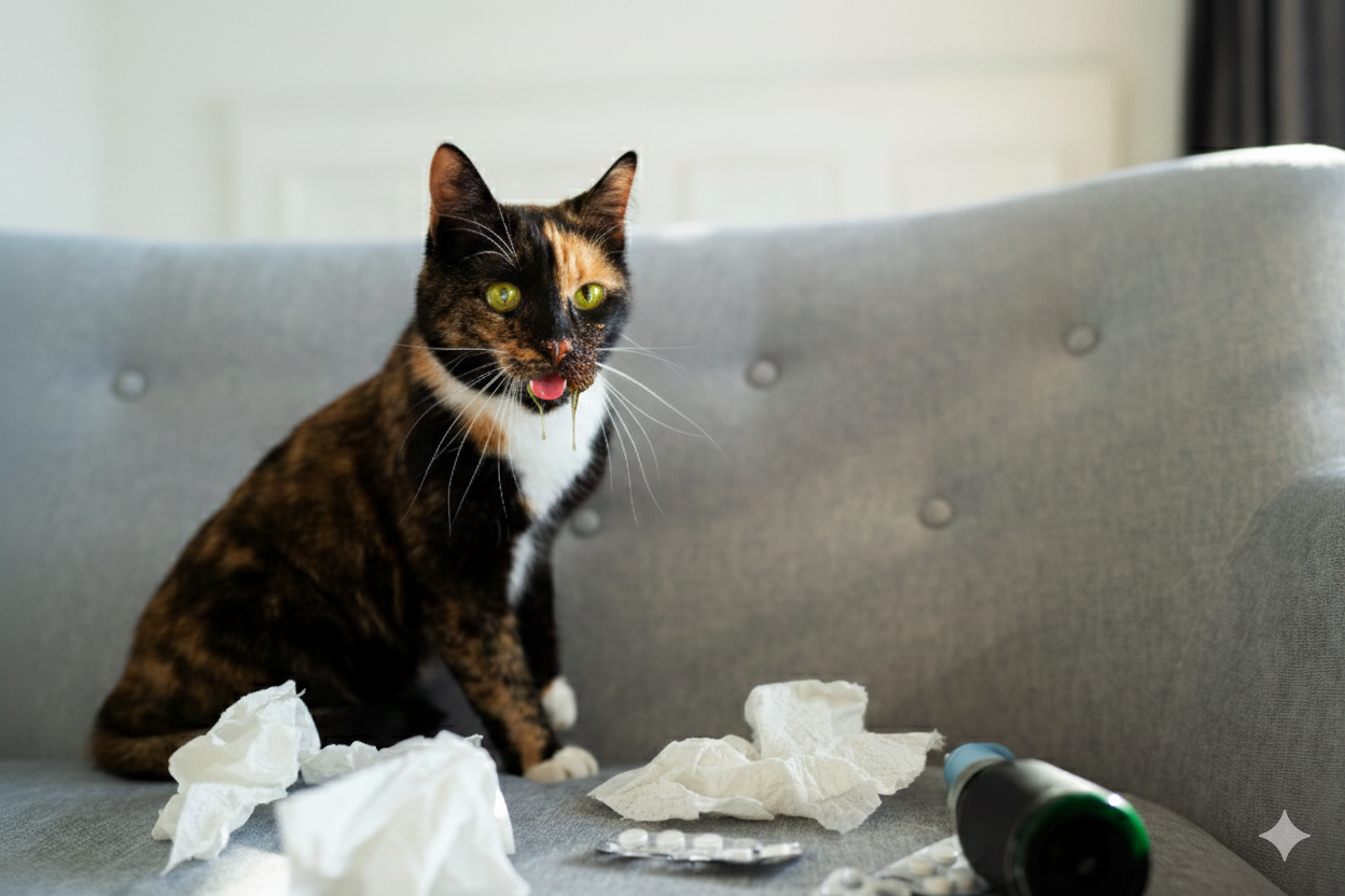 Cat with clinical signs of Feline Calicivirus infection, including ocular discharge, nasal crusting, and oral ulceration.