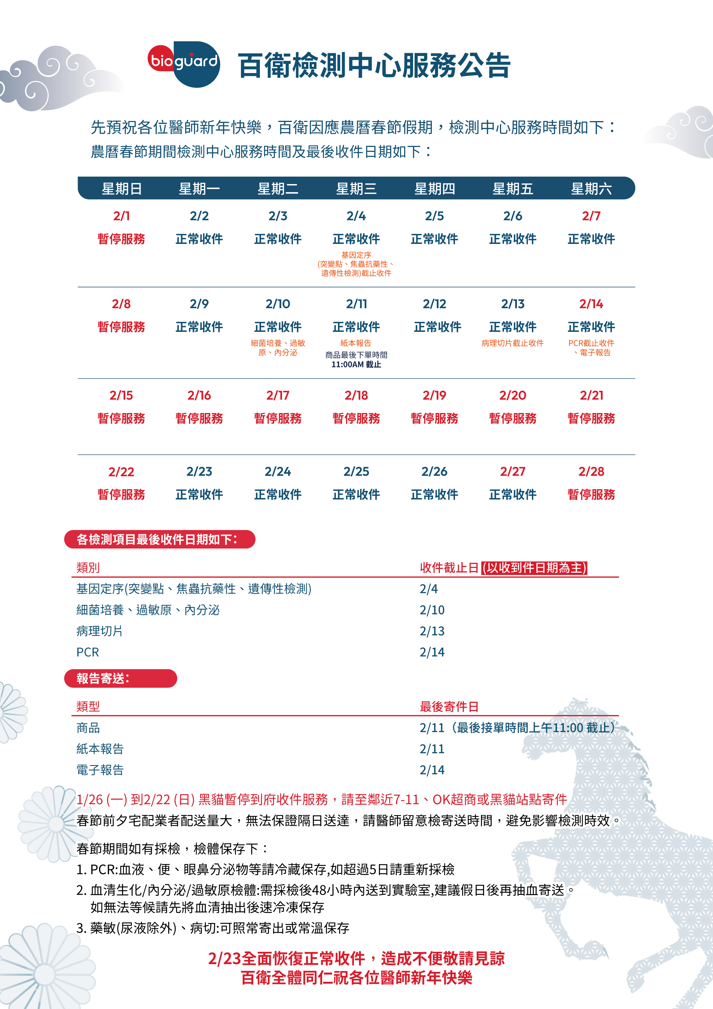 2026百衛檢測中心春節連續假期服務公告